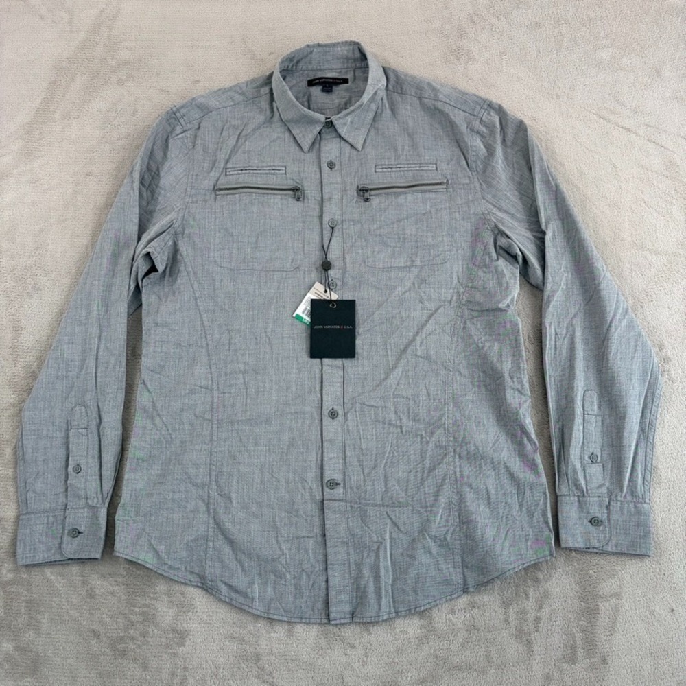 John Varvatos Double Zip Pocket Shirt in Silver Men Large Designer NWT $199‎